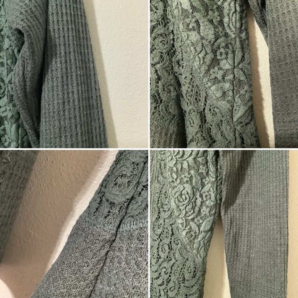 RXB Sage Green Fairycore Fairy‎ Grunge Lace Waffle Knit Slouchy Blouse Sz Medium - Picture 11 of 11